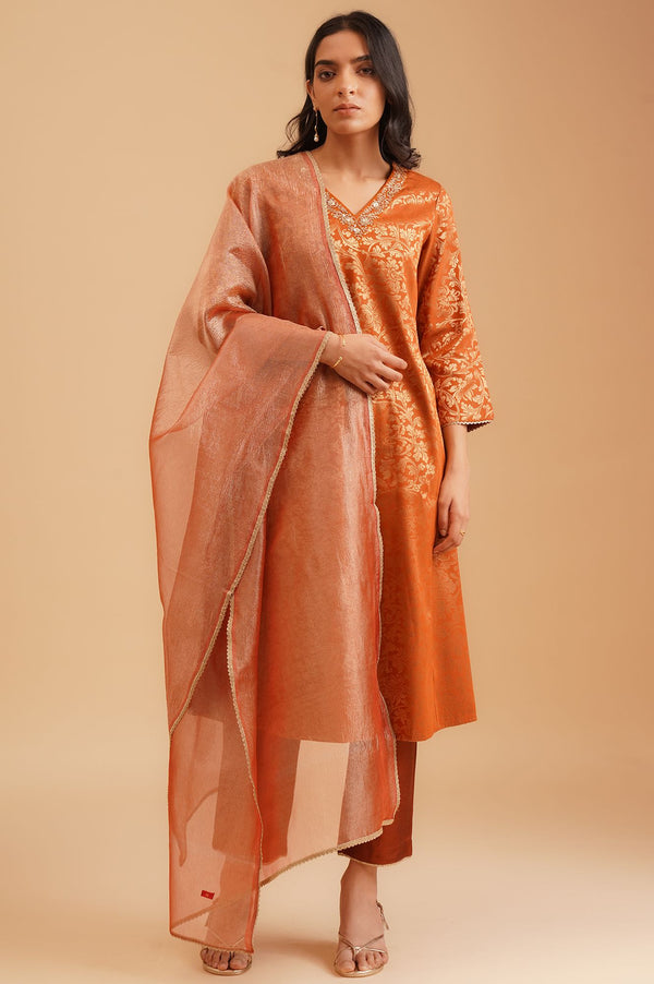 Rust Textured Sequins Yarn Dyed Jacquard Straight Kurta with Straight Pants and Dupatta Set
