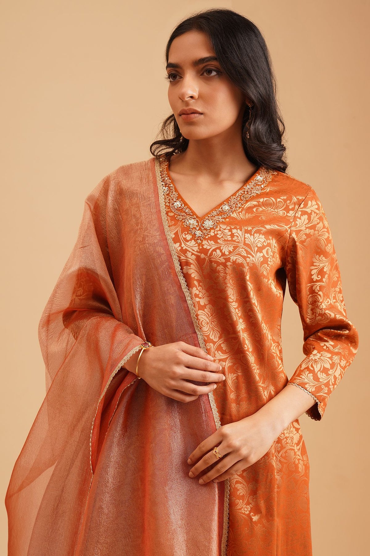 Rust Textured Sequins Yarn Dyed Jacquard Straight Kurta with Straight Pants and Dupatta Set