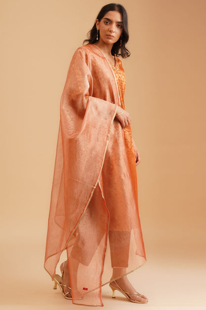 Rust Textured Sequins Yarn Dyed Jacquard Straight Kurta with Straight Pants and Dupatta Set