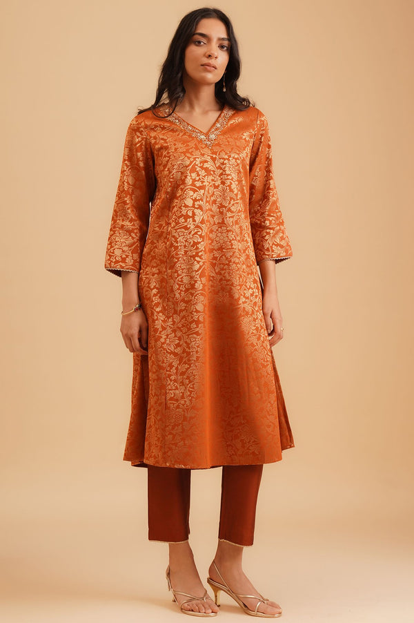 Rust Textured Sequins Yarn Dyed Jacquard Straight Kurta with Straight Pants and Dupatta Set