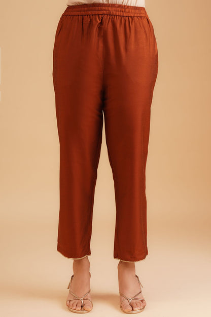Rust Textured Sequins Yarn Dyed Jacquard Straight Kurta with Straight Pants and Dupatta Set