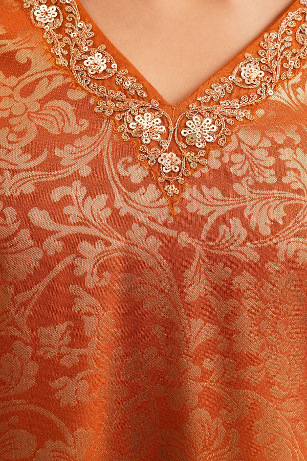 Rust Textured Sequins Yarn Dyed Jacquard Straight Kurta with Straight Pants and Dupatta Set