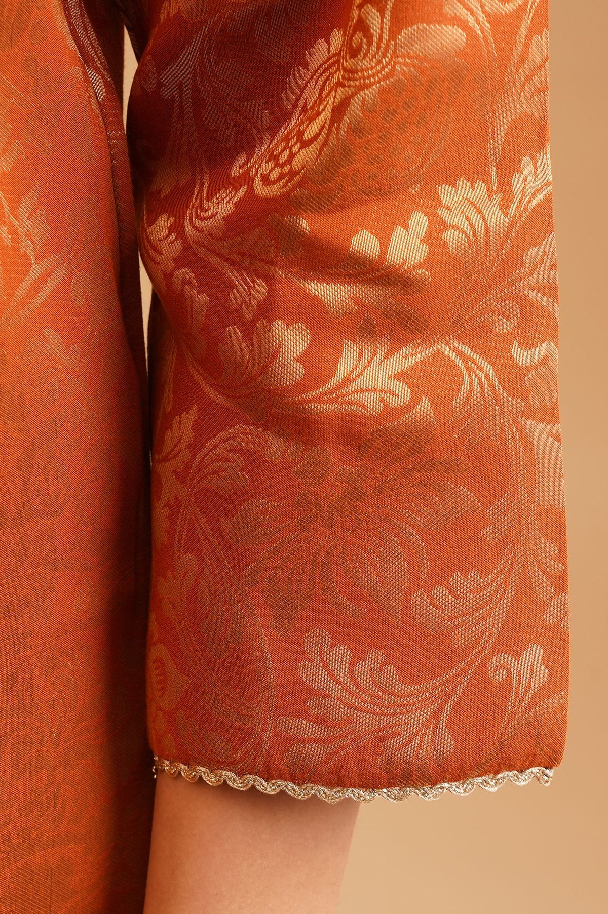 Rust Textured Sequins Yarn Dyed Jacquard Straight Kurta with Straight Pants and Dupatta Set