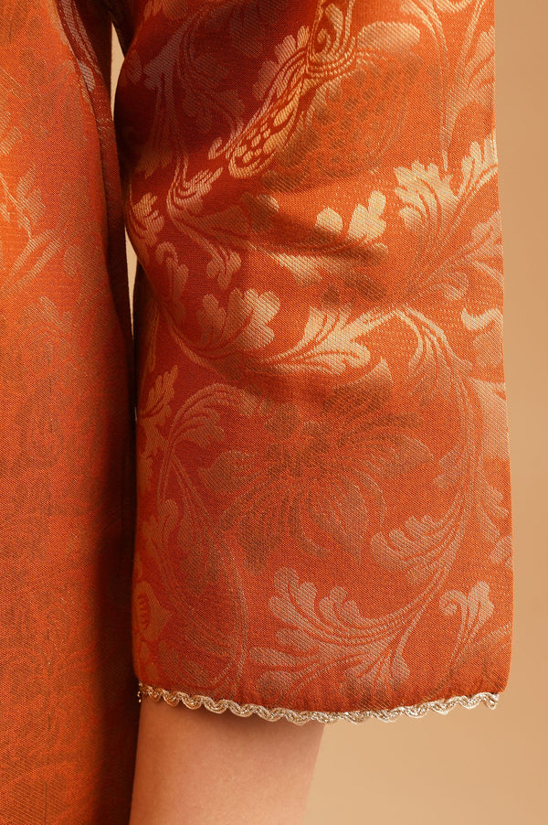 Rust Textured Sequins Yarn Dyed Jacquard Straight Kurta with Straight Pants and Dupatta Set