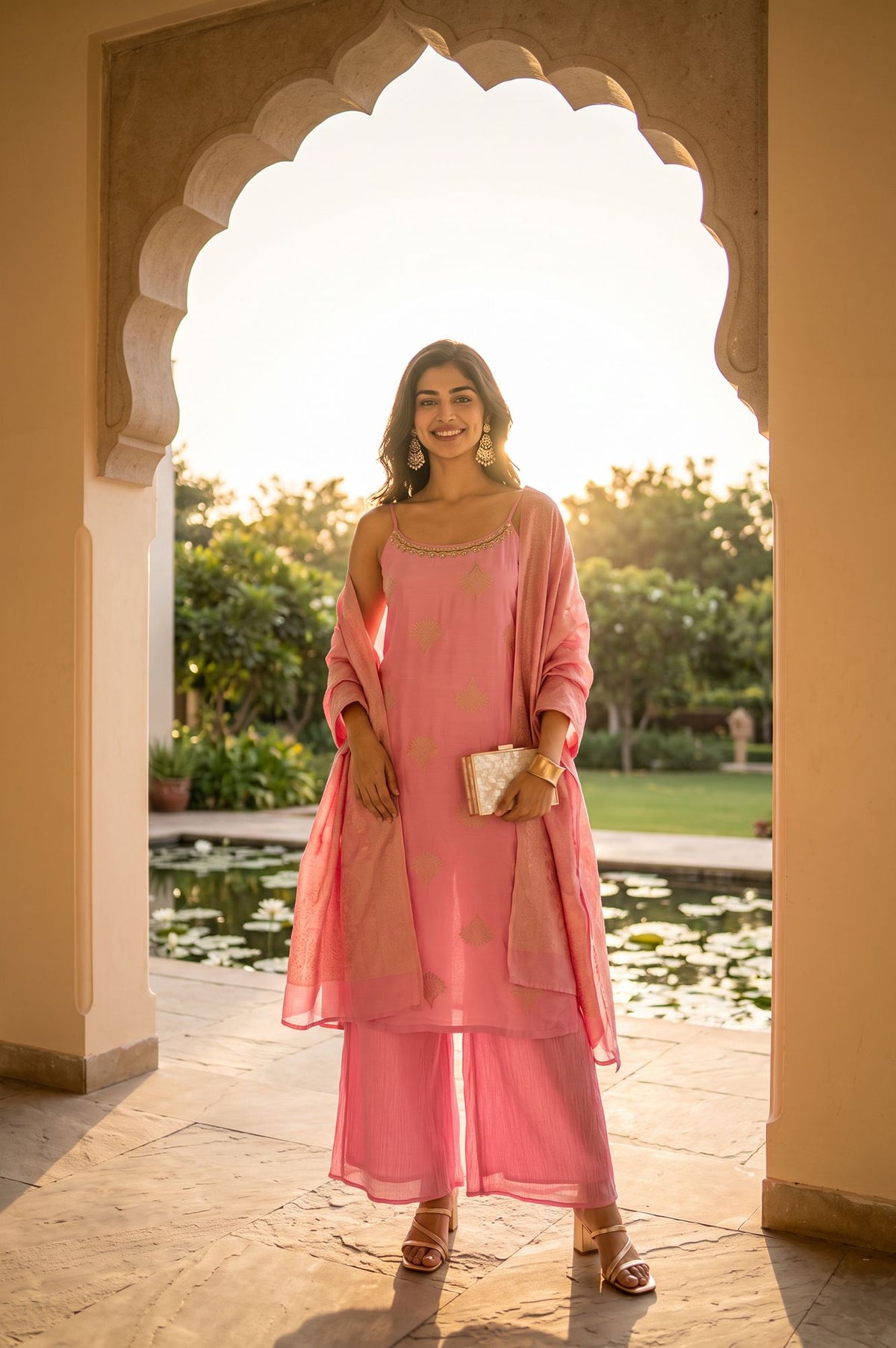 Pink Jacquard Zari Embroidered Sleeveless Straight Kurta with Flared Pants and Dupatta Set