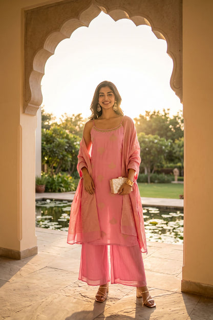 Pink Jacquard Zari Embroidered Sleeveless Straight Kurta with Flared Pants and Dupatta Set