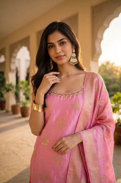 Pink Jacquard Zari Embroidered Sleeveless Straight Kurta with Flared Pants and Dupatta Set