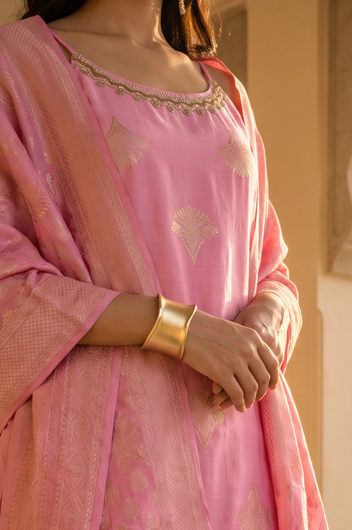 Pink Jacquard Zari Embroidered Sleeveless Straight Kurta with Flared Pants and Dupatta Set