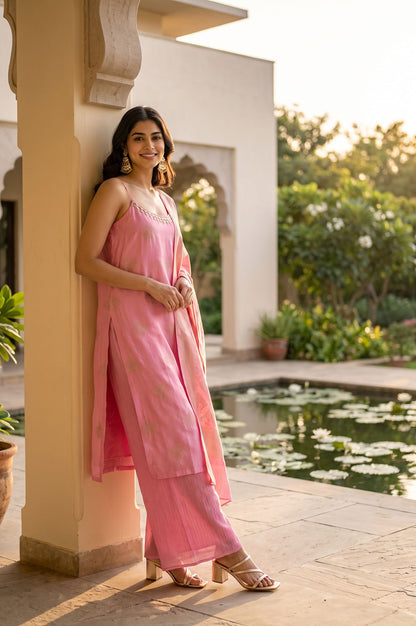 Pink Jacquard Zari Embroidered Sleeveless Straight Kurta with Flared Pants and Dupatta Set
