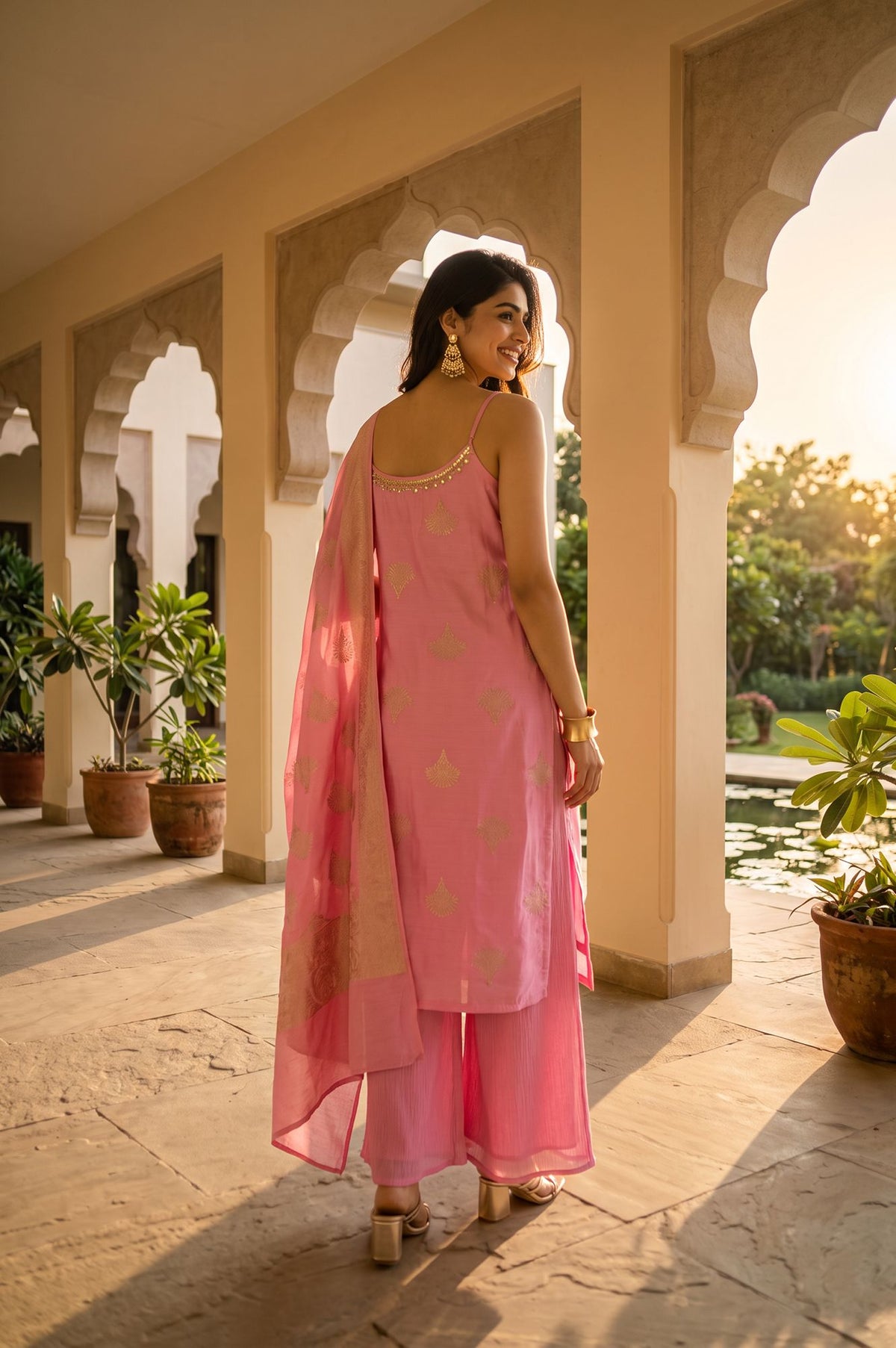 Pink Jacquard Zari Embroidered Sleeveless Straight Kurta with Flared Pants and Dupatta Set