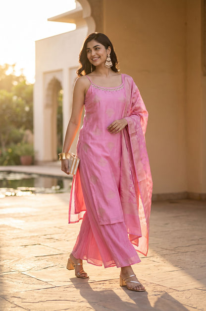Pink Jacquard Zari Embroidered Sleeveless Straight Kurta with Flared Pants and Dupatta Set