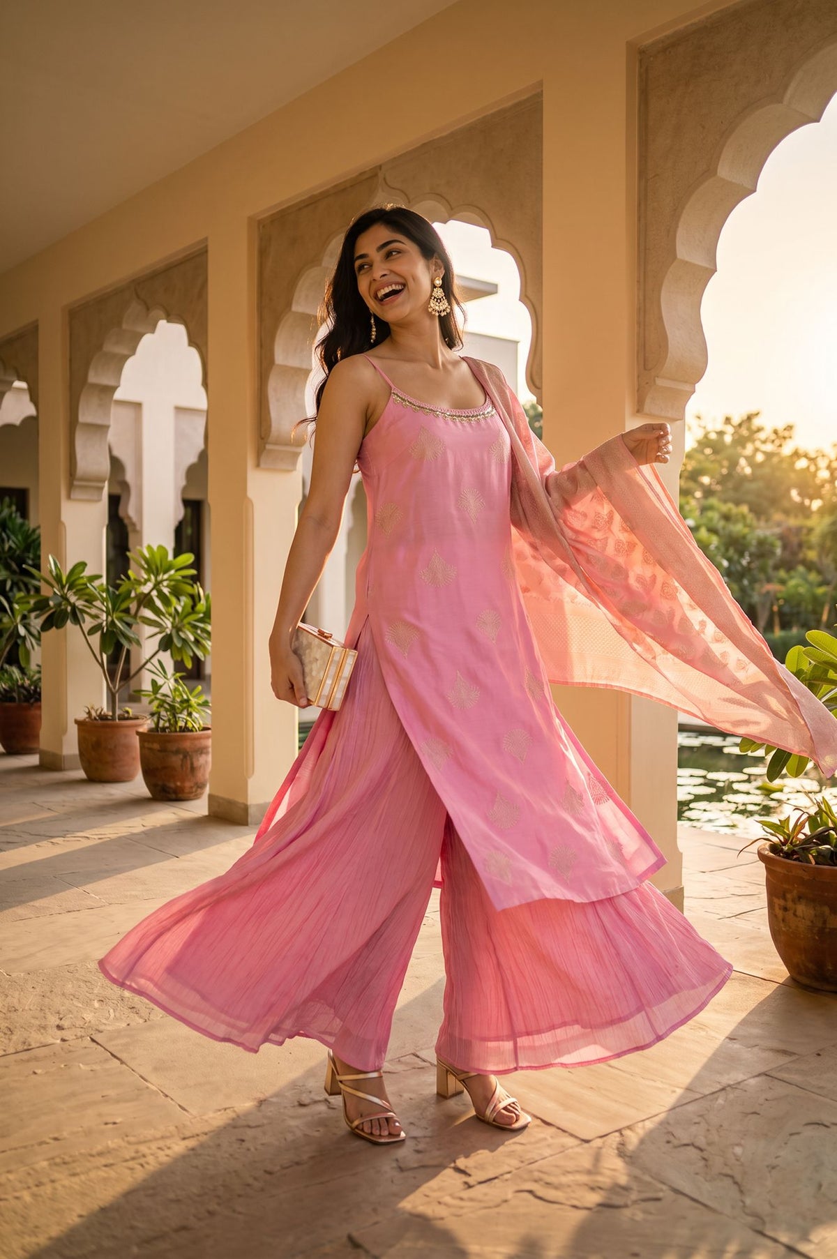 Pink Jacquard Zari Embroidered Sleeveless Straight Kurta with Flared Pants and Dupatta Set
