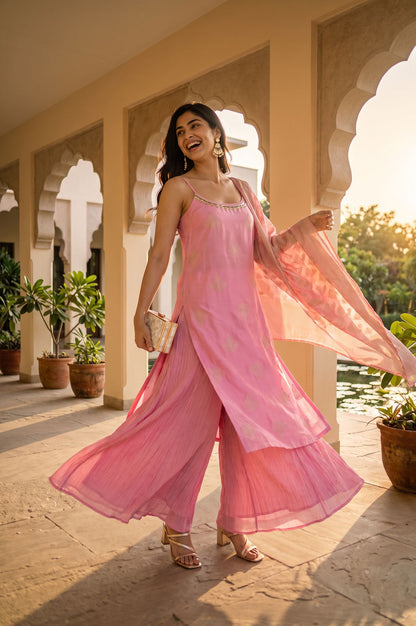 Pink Jacquard Zari Embroidered Sleeveless Straight Kurta with Flared Pants and Dupatta Set