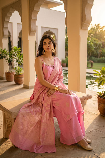 Pink Jacquard Zari Embroidered Sleeveless Straight Kurta with Flared Pants and Dupatta Set