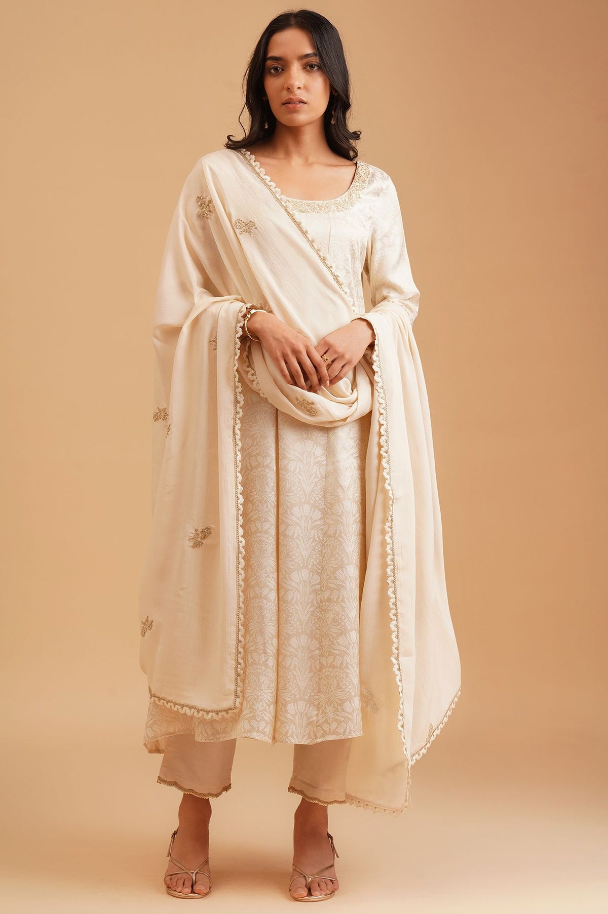 Off White Yarn Dyed Jacquard Zari Embroidered A-line Kurta with Straight Pants and Dupatta Set