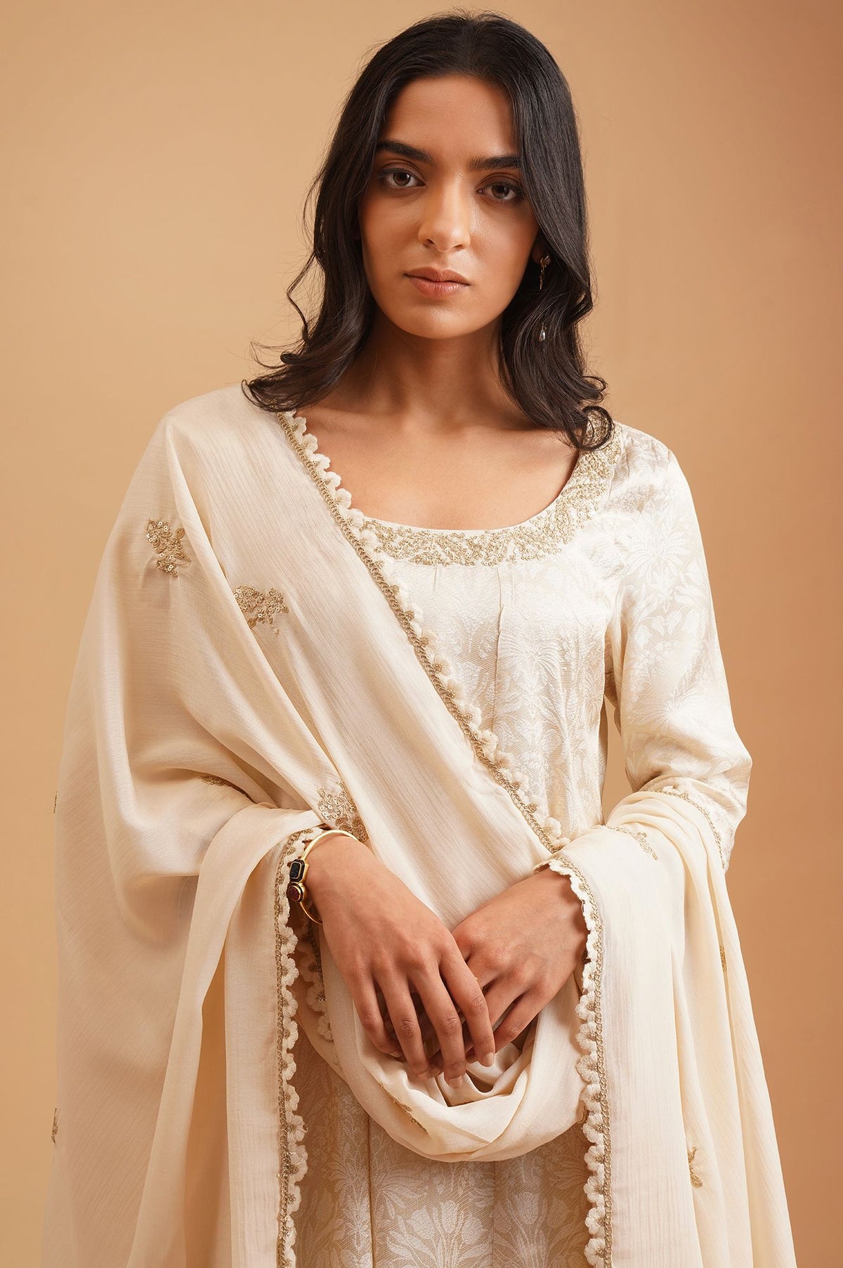Off White Yarn Dyed Jacquard Zari Embroidered A-line Kurta with Straight Pants and Dupatta Set