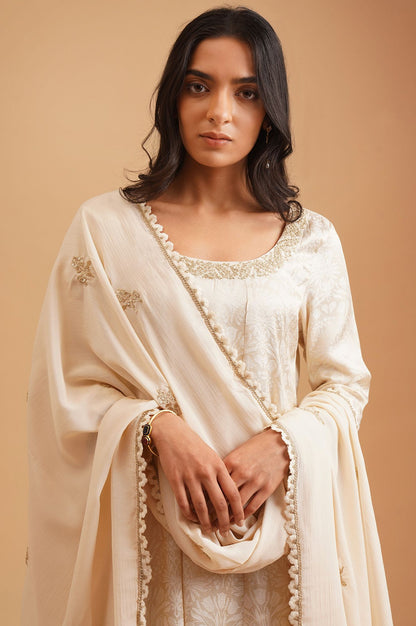 Off White Yarn Dyed Jacquard Zari Embroidered A-line Kurta with Straight Pants and Dupatta Set