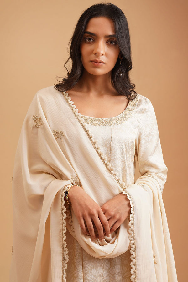 Off White Yarn Dyed Jacquard Zari Embroidered A-line Kurta with Straight Pants and Dupatta Set