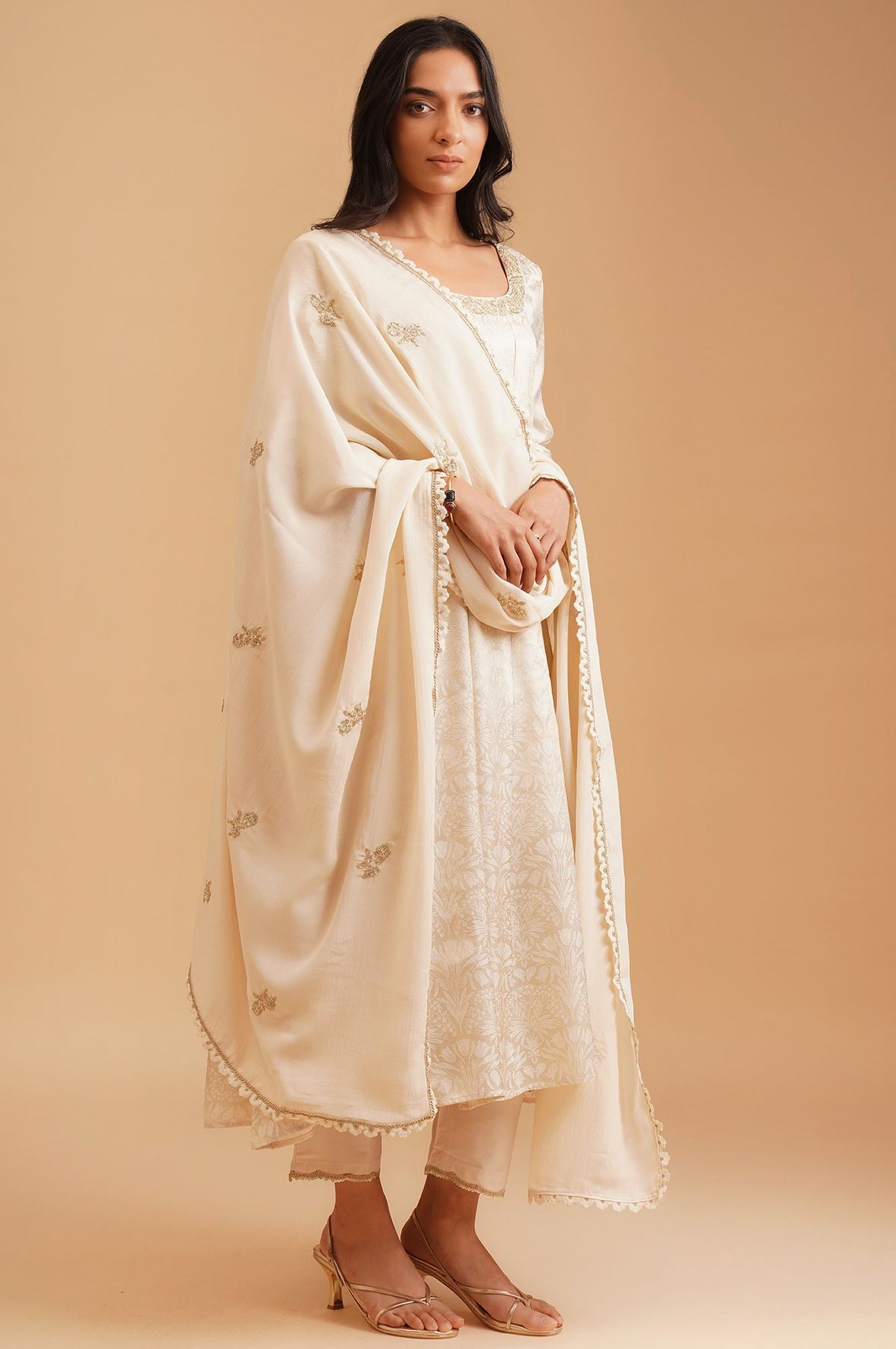 Off White Yarn Dyed Jacquard Zari Embroidered A-line Kurta with Straight Pants and Dupatta Set