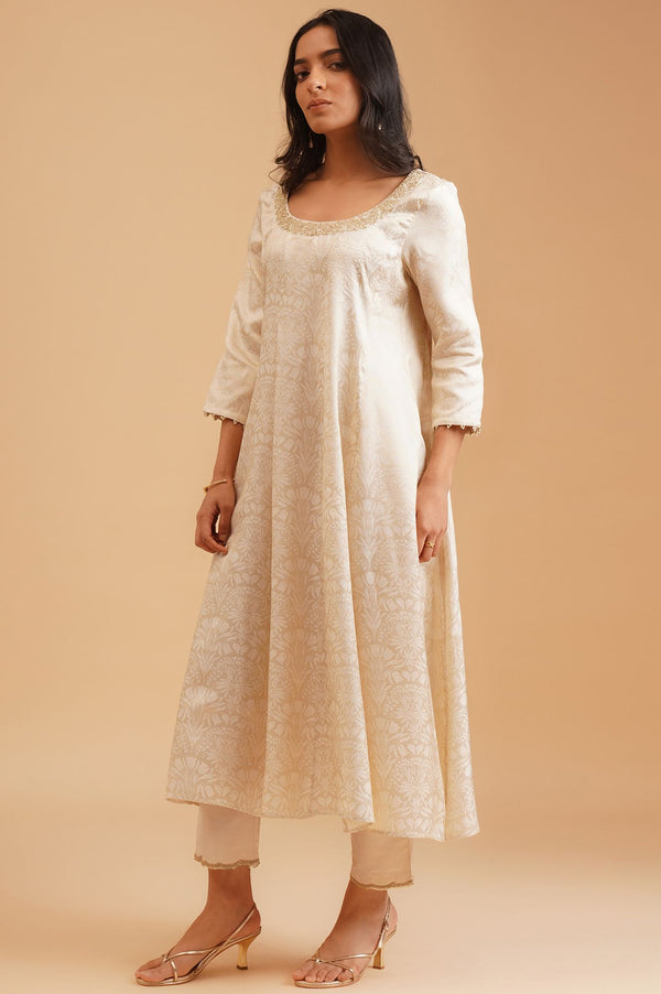 Off White Yarn Dyed Jacquard Zari Embroidered A-line Kurta with Straight Pants and Dupatta Set