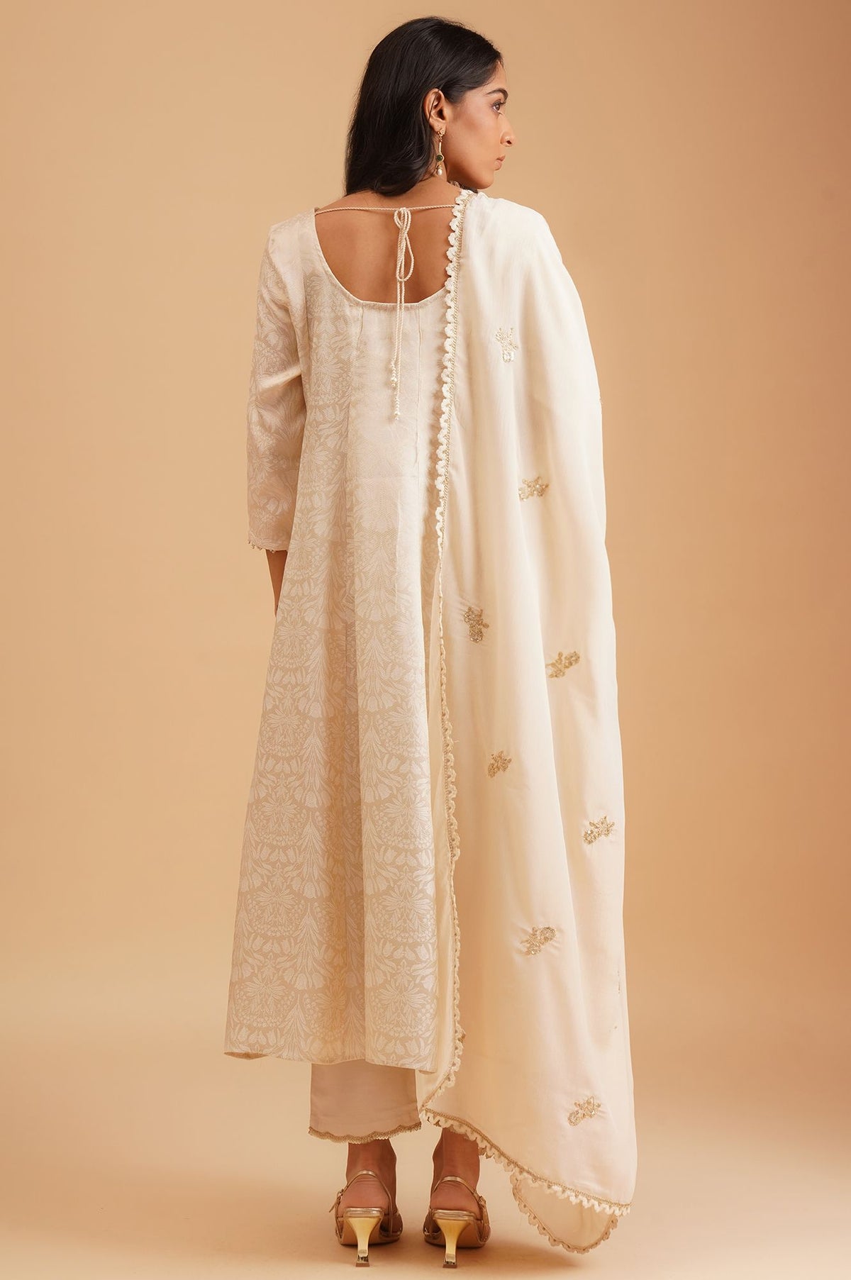 Off White Yarn Dyed Jacquard Zari Embroidered A-line Kurta with Straight Pants and Dupatta Set