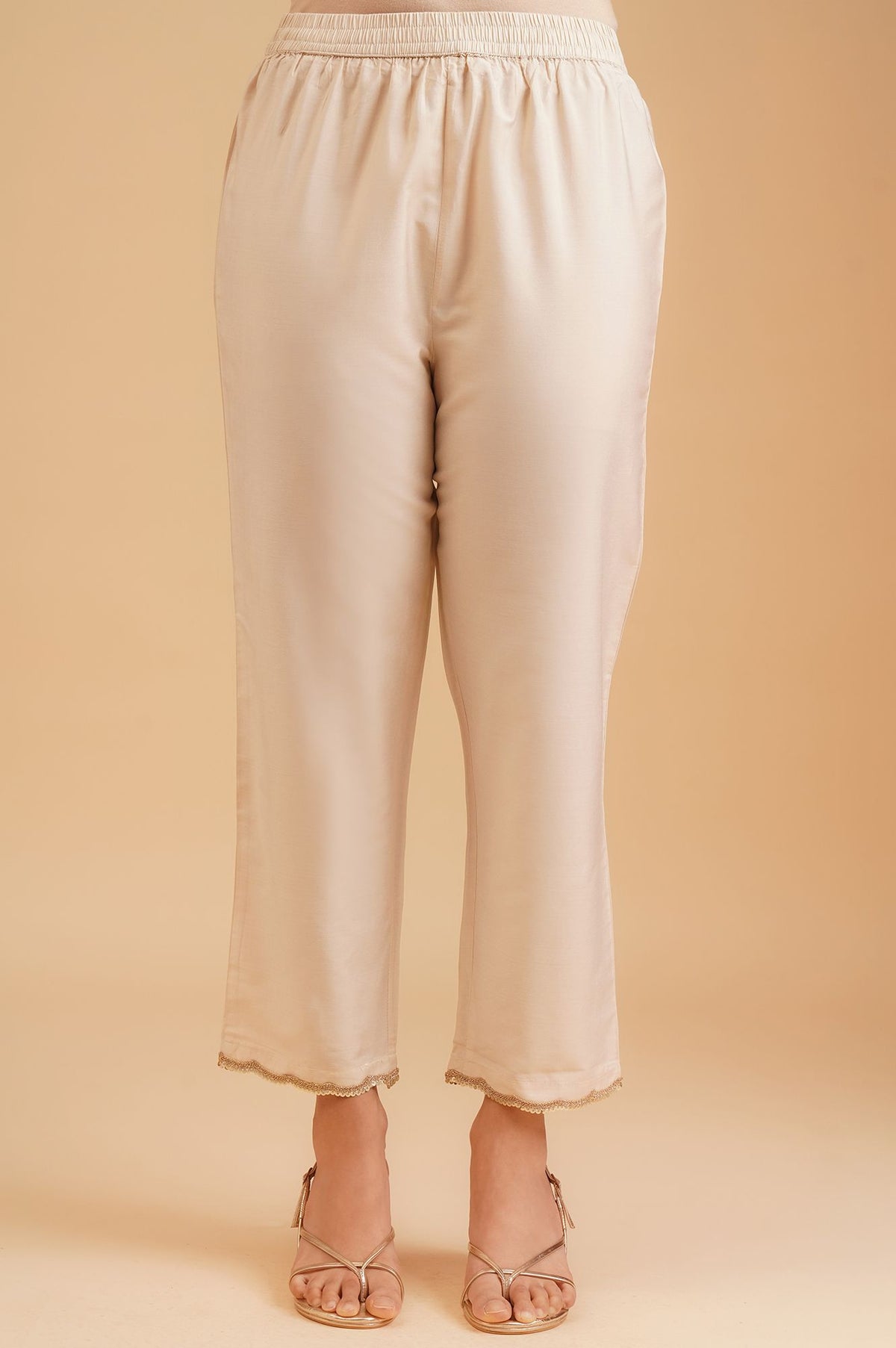 Off White Yarn Dyed Jacquard Zari Embroidered A-line Kurta with Straight Pants and Dupatta Set
