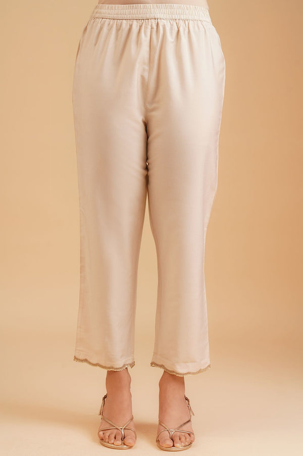 Off White Yarn Dyed Jacquard Zari Embroidered A-line Kurta with Straight Pants and Dupatta Set