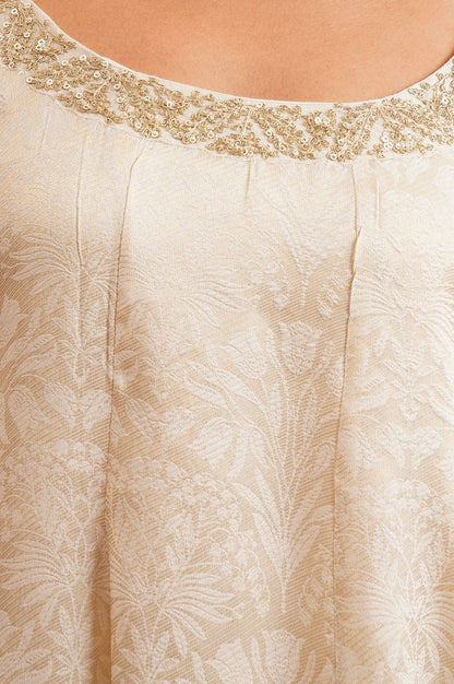 Off White Yarn Dyed Jacquard Zari Embroidered A-line Kurta with Straight Pants and Dupatta Set