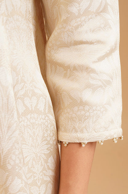 Off White Yarn Dyed Jacquard Zari Embroidered A-line Kurta with Straight Pants and Dupatta Set