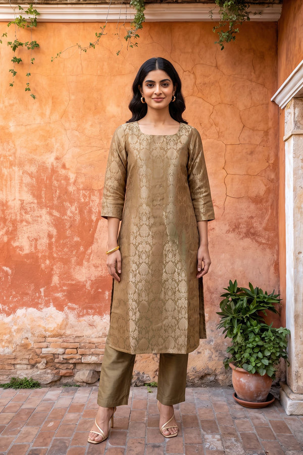 Olive Yarn Dyed Jacquard Straight Kurta with Pants Set