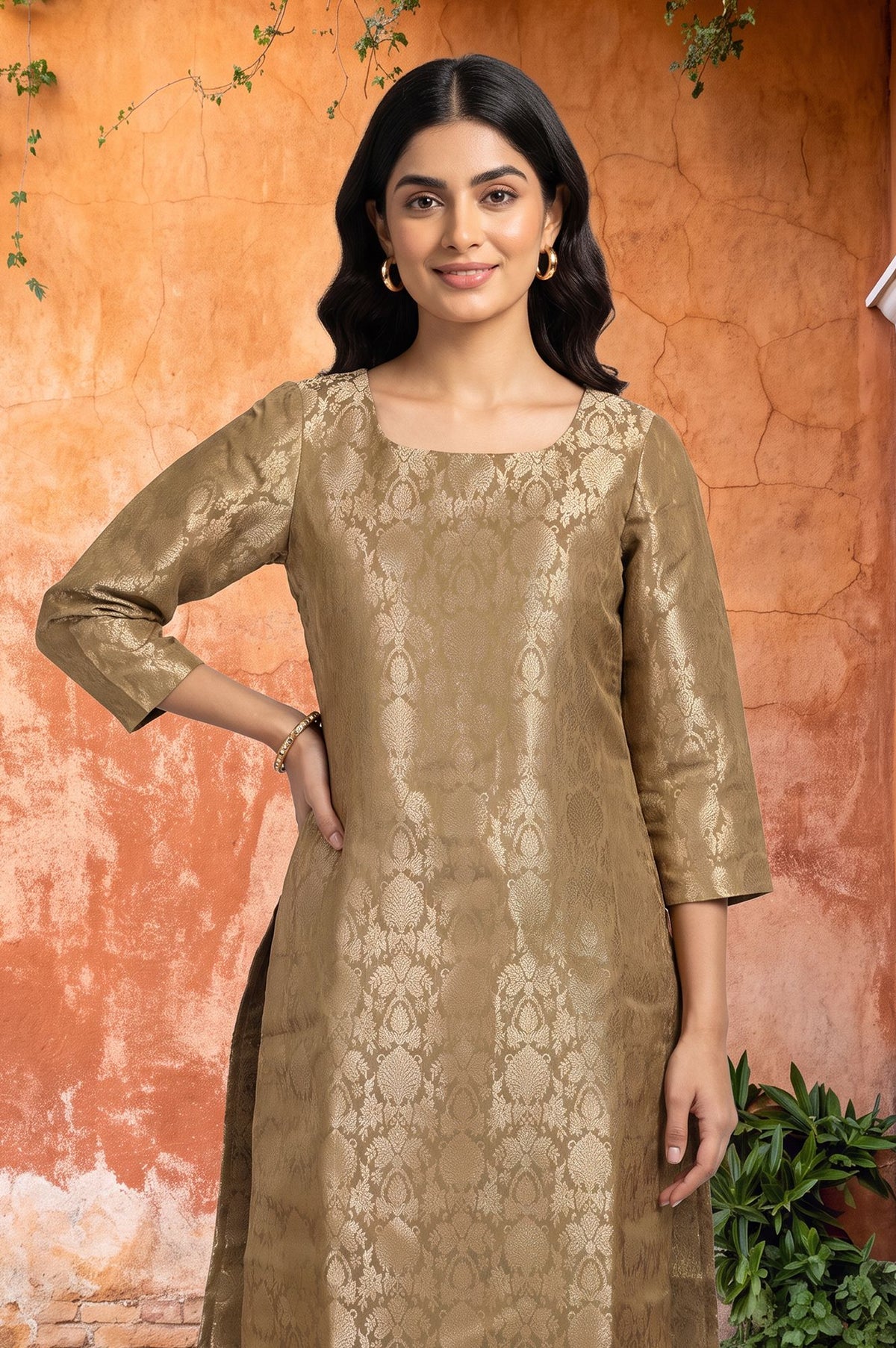 Olive Yarn Dyed Jacquard Straight Kurta with Pants Set