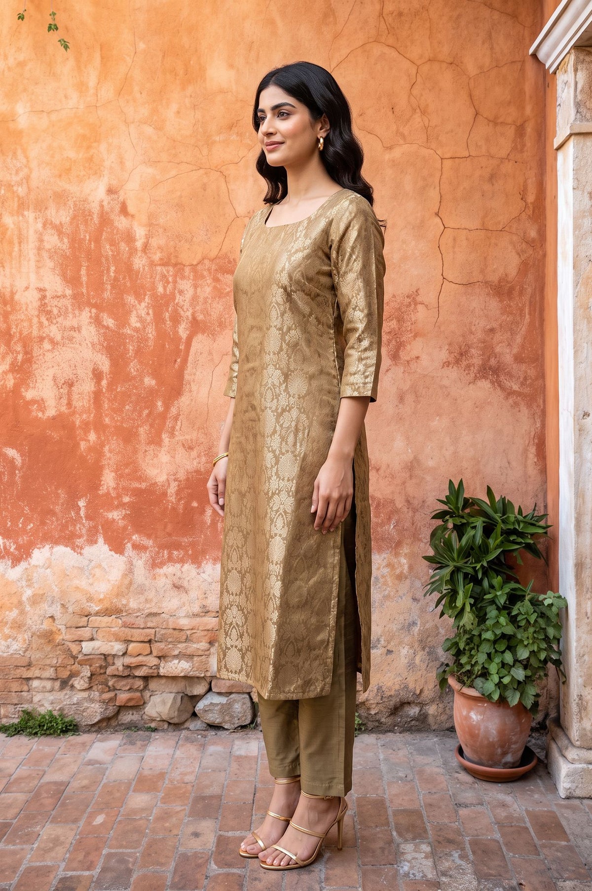 Olive Yarn Dyed Jacquard Straight Kurta with Pants Set