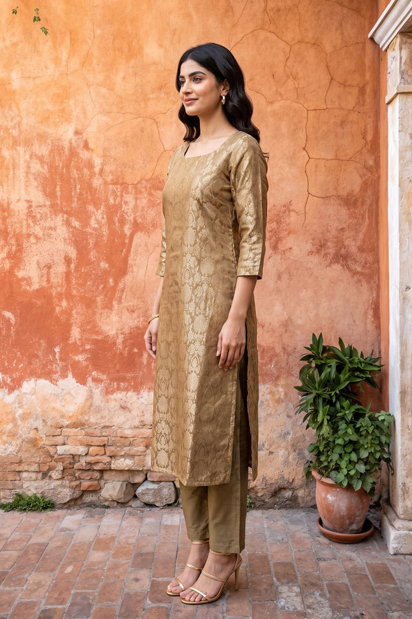 Olive Yarn Dyed Jacquard Straight Kurta with Pants Set