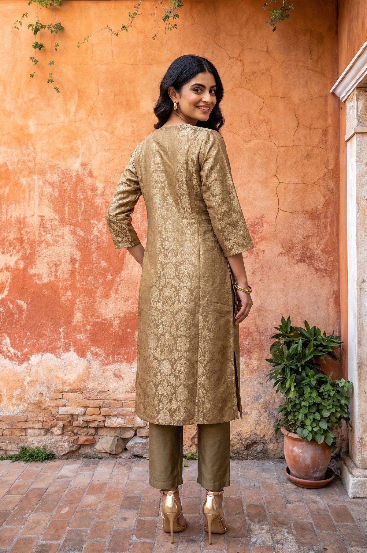 Olive Yarn Dyed Jacquard Straight Kurta with Pants Set