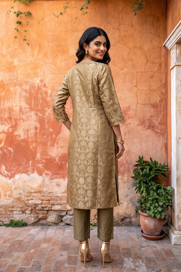 Olive Yarn Dyed Jacquard Straight Kurta with Pants Set