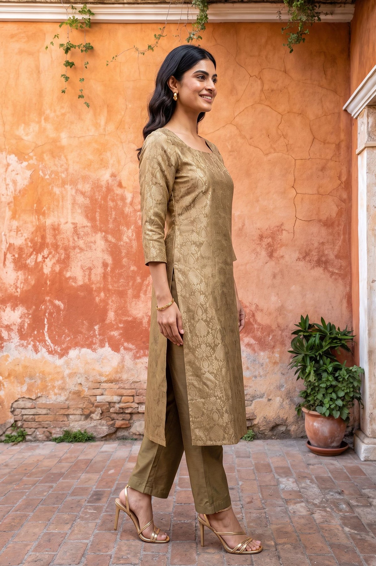 Olive Yarn Dyed Jacquard Straight Kurta with Pants Set
