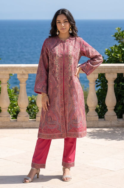 Pink Ethnic Motifs Straight Winter Jacket, Inner Kurta with Straight Pants Set
