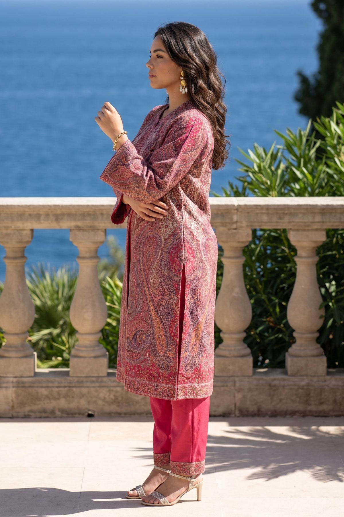 Pink Ethnic Motifs Straight Winter Jacket, Inner Kurta with Straight Pants Set