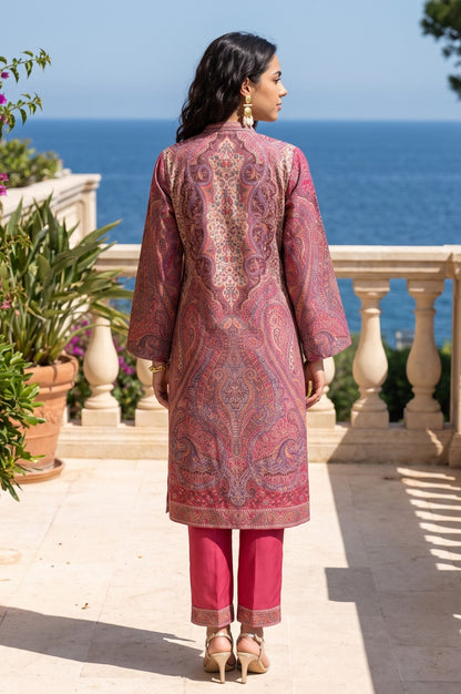 Pink Ethnic Motifs Straight Winter Jacket, Inner Kurta with Straight Pants Set