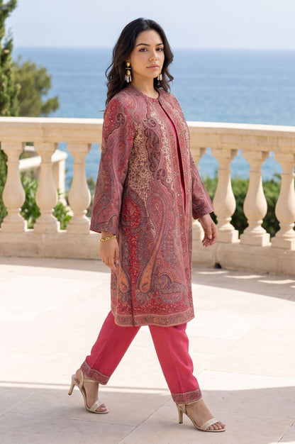 Pink Ethnic Motifs Straight Winter Jacket, Inner Kurta with Straight Pants Set