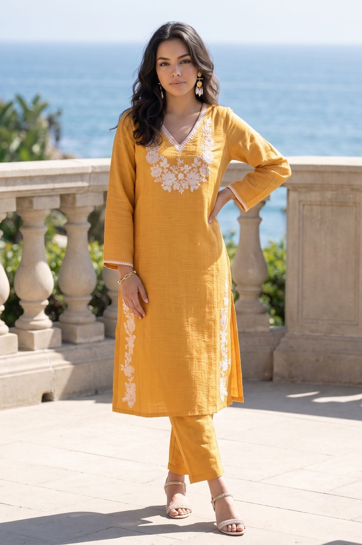Mustard Thread Embroidered Straight Kurta with Pants Set