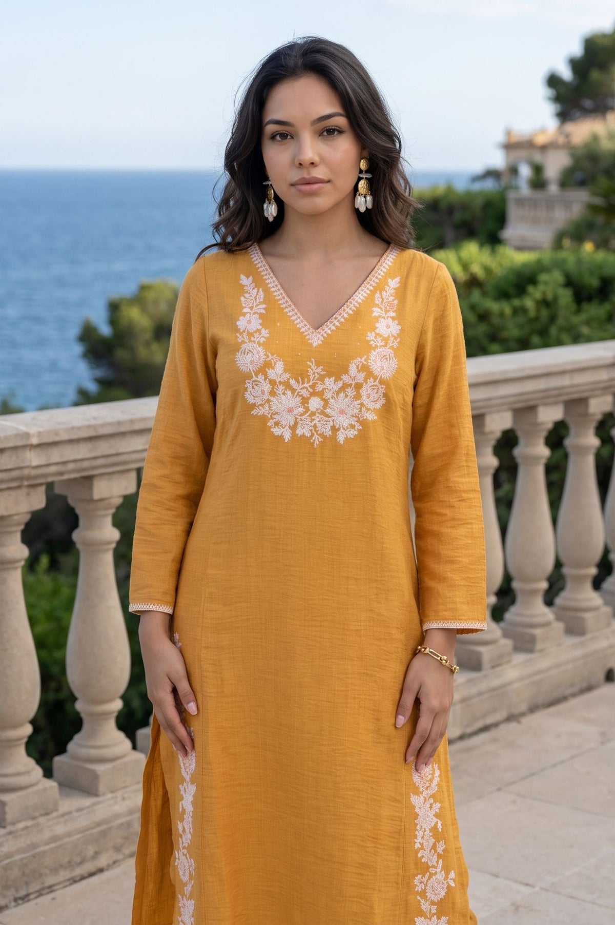 Mustard Thread Embroidered Straight Kurta with Pants Set