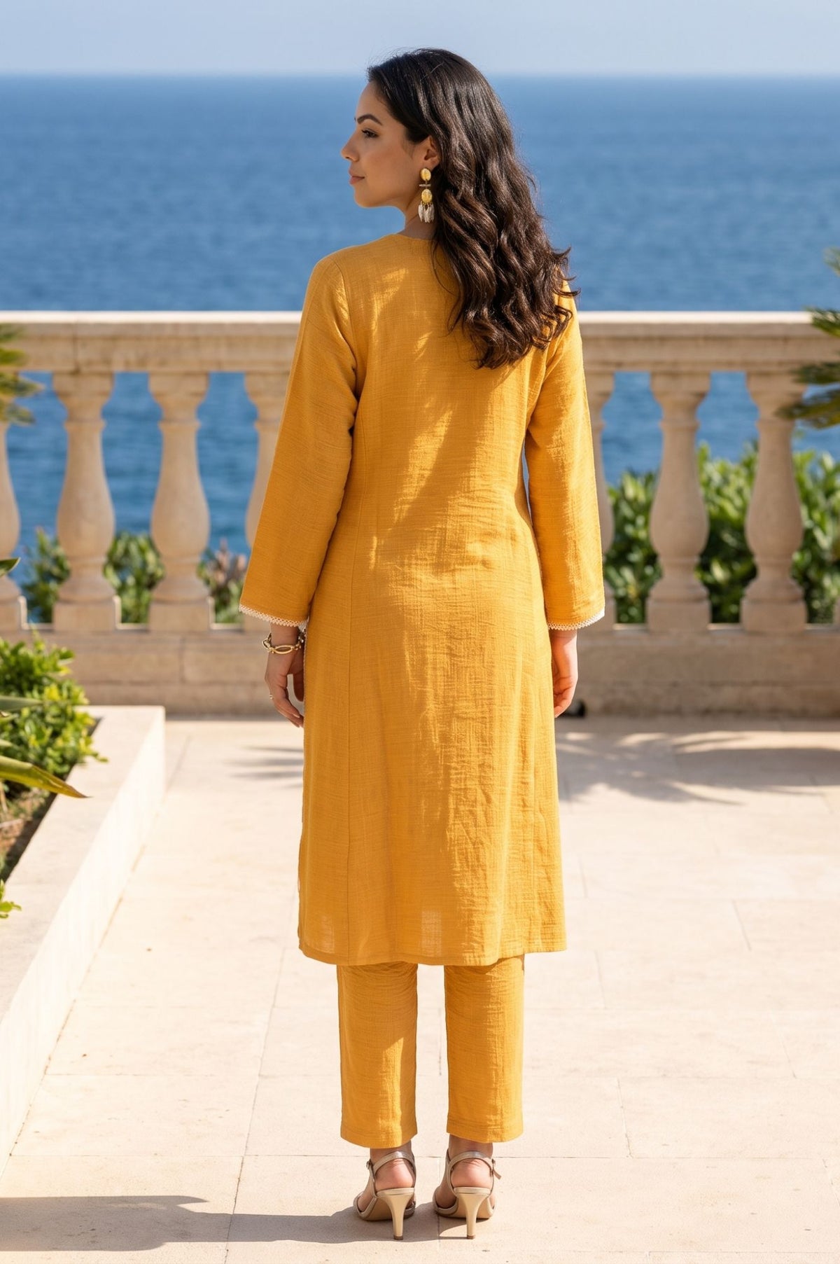 Mustard Thread Embroidered Straight Kurta with Pants Set