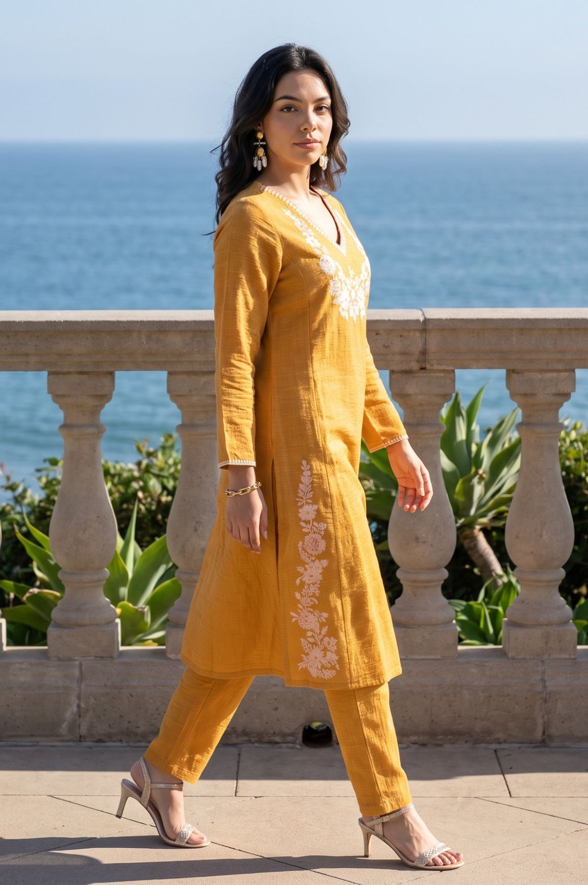 Mustard Thread Embroidered Straight Kurta with Pants Set