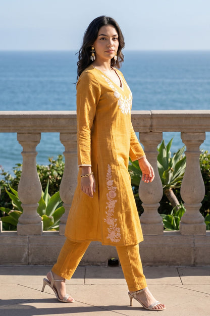 Mustard Thread Embroidered Straight Kurta with Pants Set