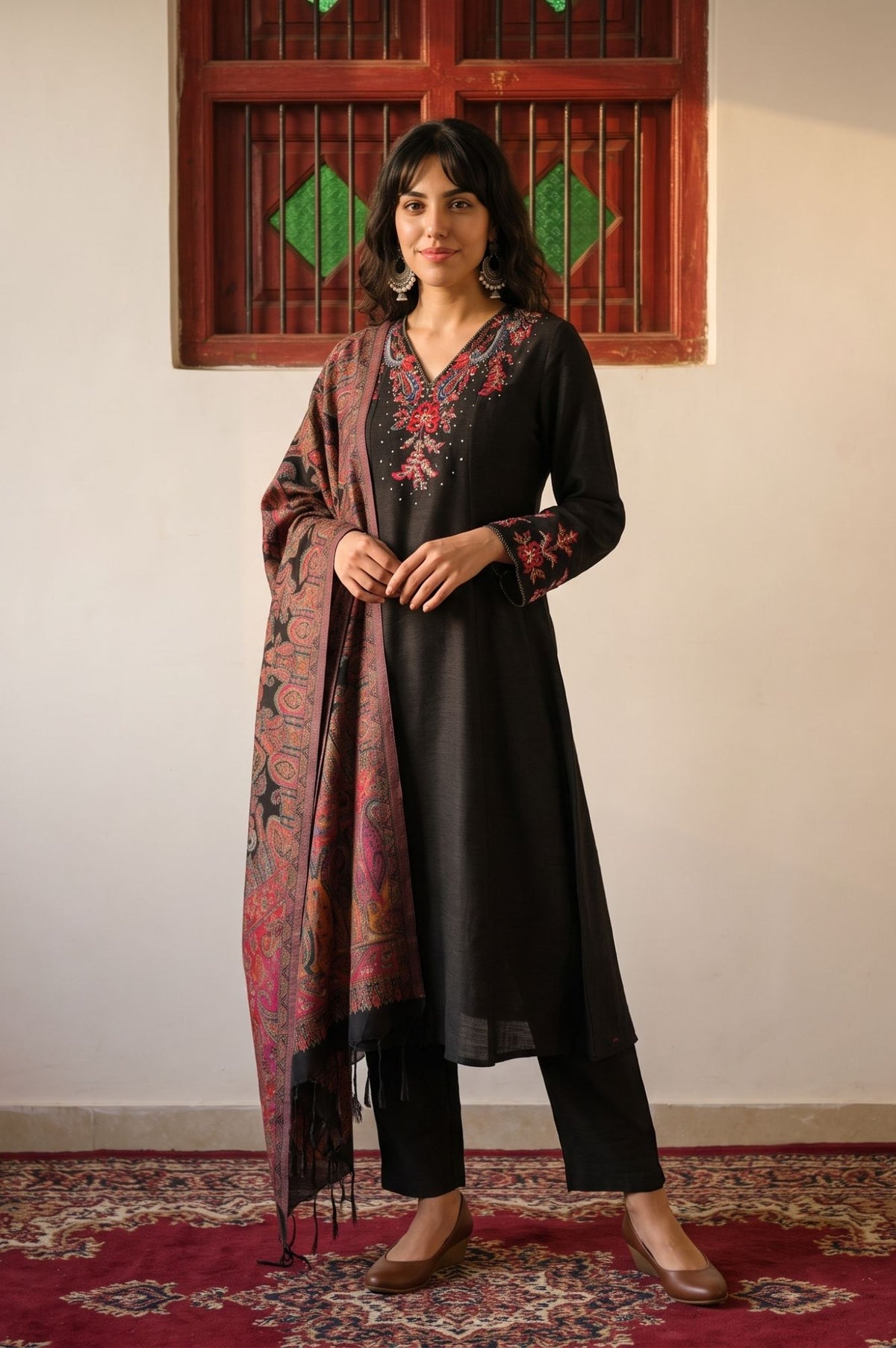 Black Thread Embroidered A-line Winter Kurta with Pants and Shawl Set