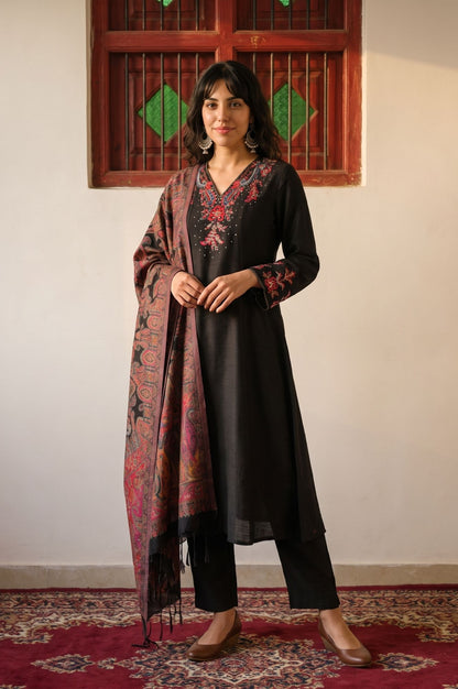 Black Thread Embroidered A-line Winter Kurta with Pants and Shawl Set