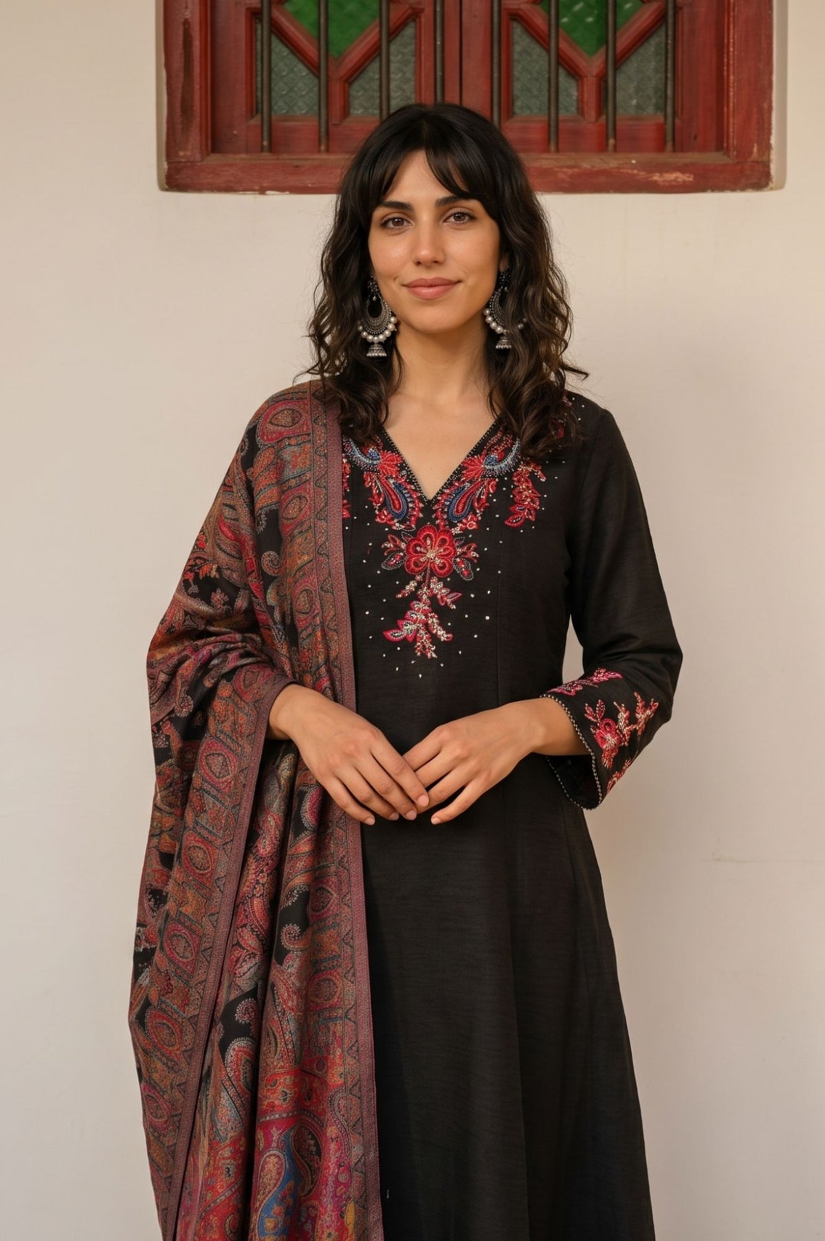 Black Thread Embroidered A-line Winter Kurta with Pants and Shawl Set