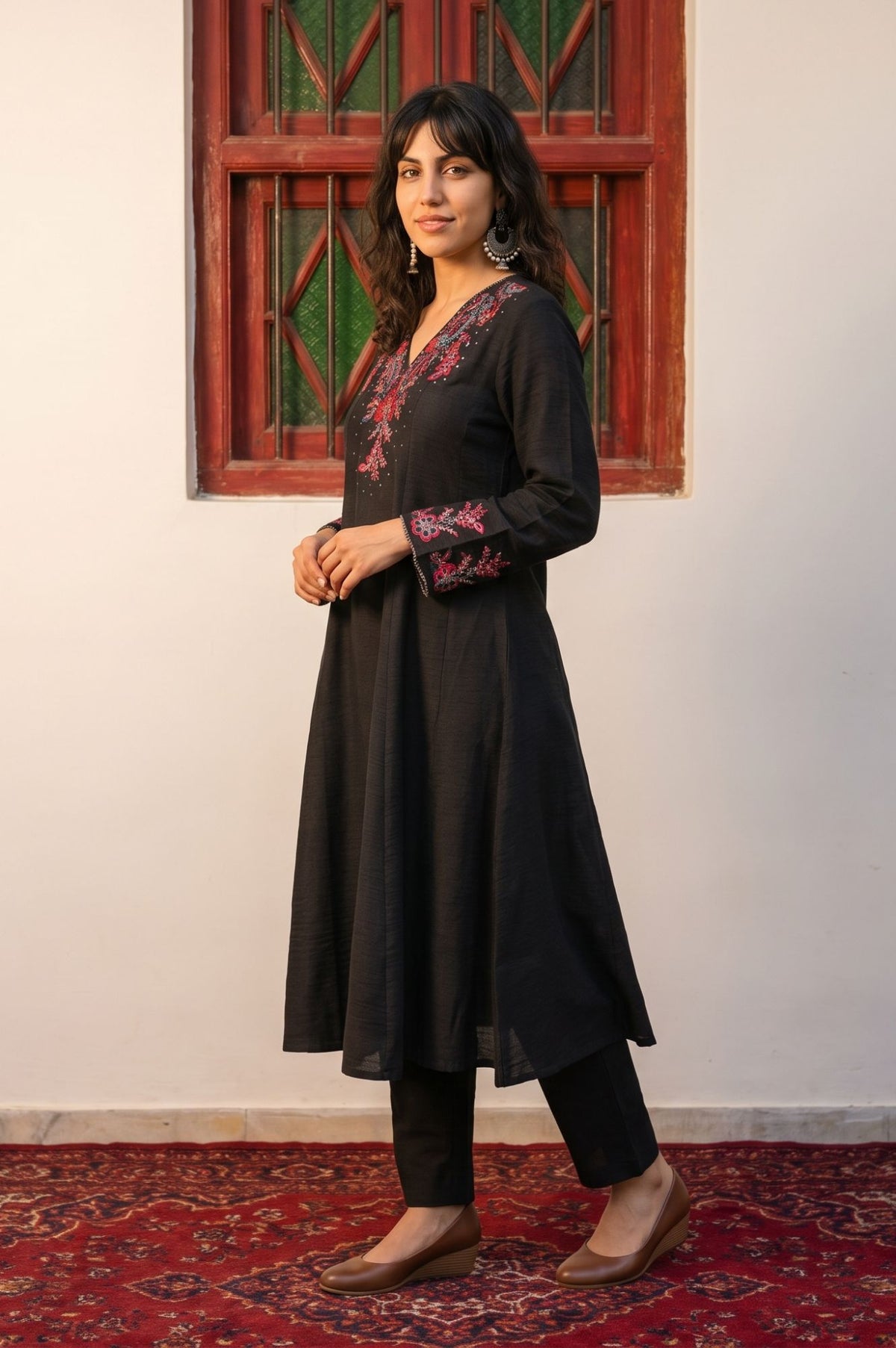 Black Thread Embroidered A-line Winter Kurta with Pants and Shawl Set
