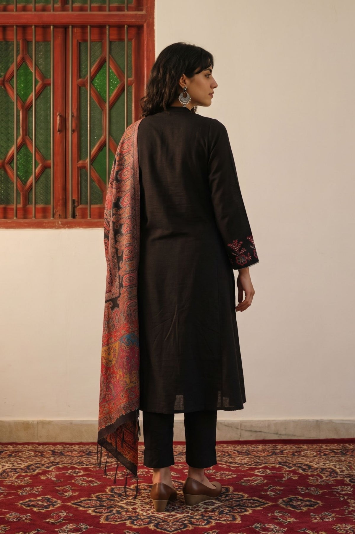 Black Thread Embroidered A-line Winter Kurta with Pants and Shawl Set